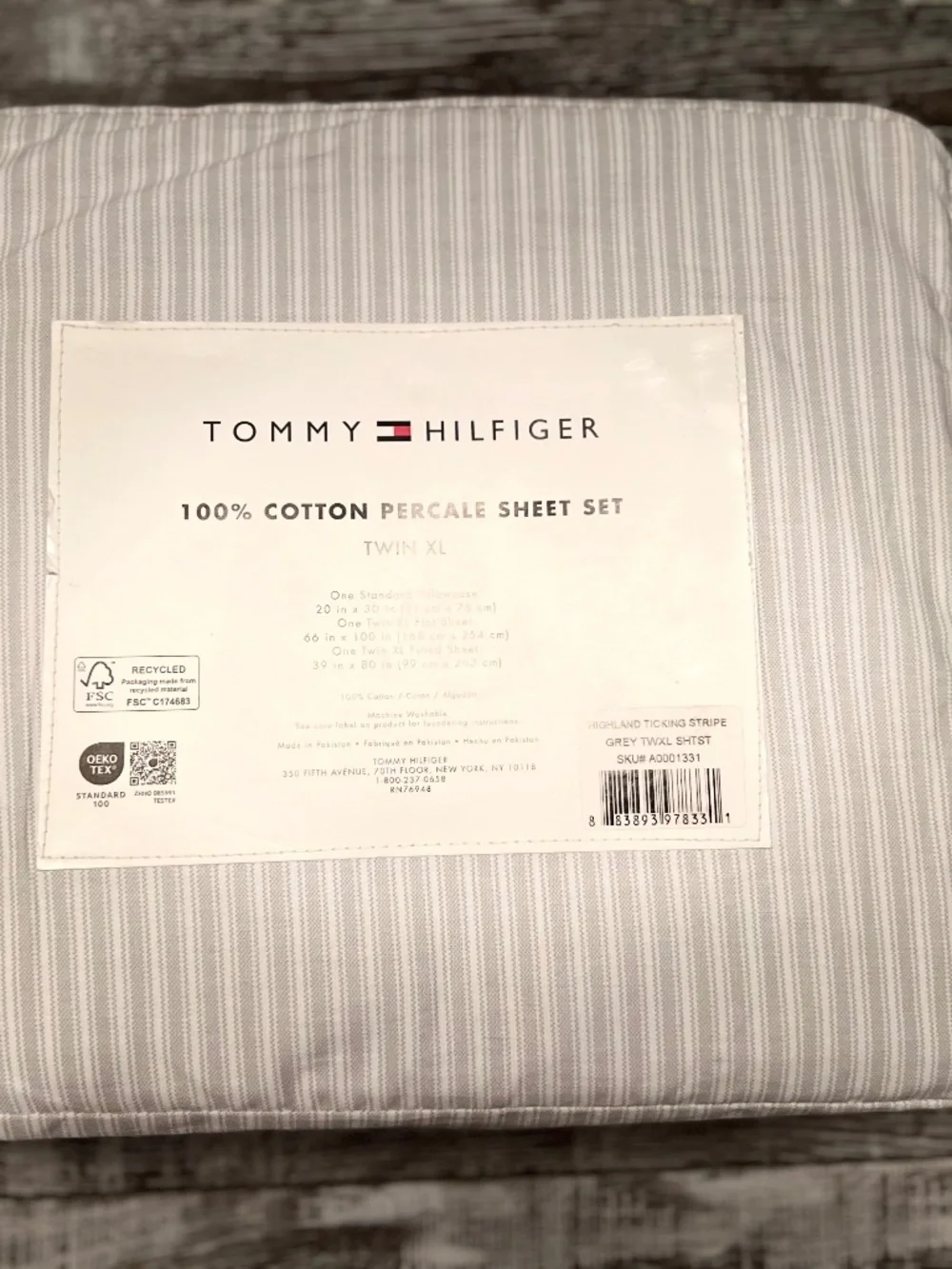 Tommy Hilfiger Light Stripe Gray X-Long Twin Sheet Set, NWT,